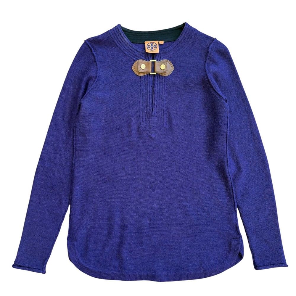Tory Burch Purple Alpaca Wool Blend Leather Toggle Sweater Top Womens Size S